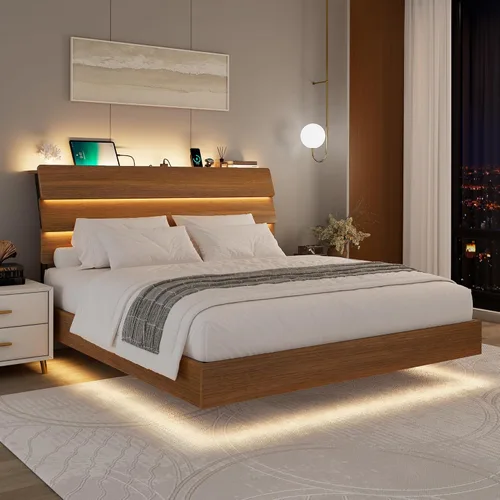 Vista 10 de Feonase Base de cama flotante individual con luces LED y estación de carga, marco de cama de madera tamaño individual con cabecera