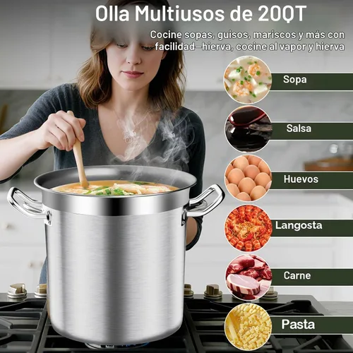 Vista 2 de Olla de acero inoxidable de 20 cuartos de galón con tapa, parte inferior de tres capas resistente de grado comercial olla grande y ollas para hervir