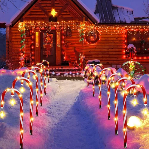 Vista 6 de Paquete de 12 luces solares de bastón de caramelo para decoración de Navidad al aire libre, impermeables, con estrella y LED brillante, 8 modos