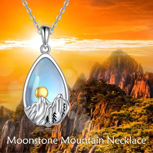 Vista 5 de YFN Collar de plata de ley con dije de onda del océano y cadena de montaña, regalo de joyería para esquiadores, excursionistas, campistas
