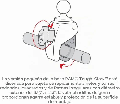 Vista 4 de RAM Mounts RAP-B-400U Base de abrazadera pequeña Tough-Claw con bola con bola tamaño B de 1" para rieles de 0.625" a 1.14" de diámetro