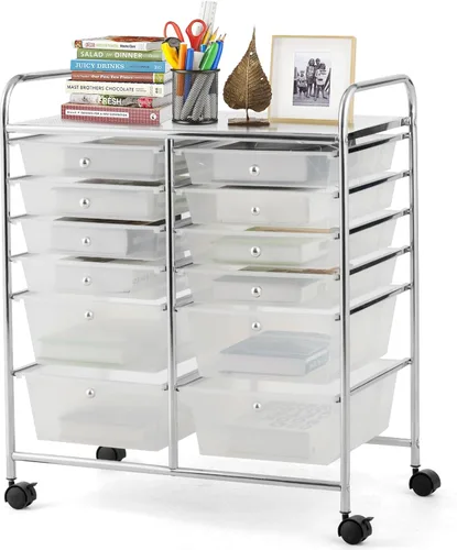 Vista 41 de DREAMADE Carrito rodante con cajones de almacenamiento, carrito utilitario con cajones de plástico extraíbles, ruedas con cerradura, carrito de arte
