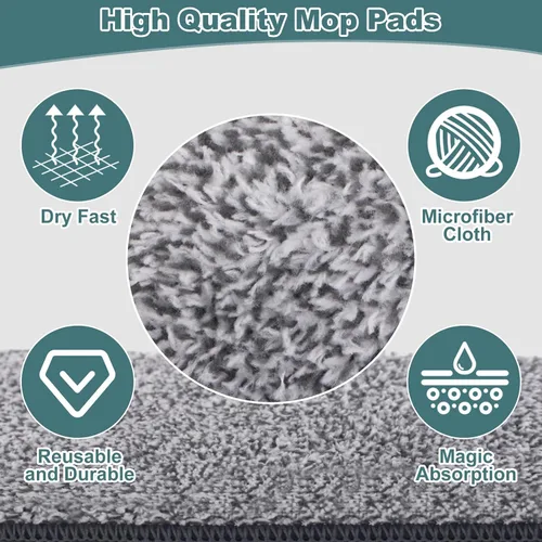 Vista 8 de Trapeador plano con 3 almohadillas, mopas de microfibra para limpieza de pisos con mango ajustable de 73.7-124.5 cm, mopa de polvo para pisos