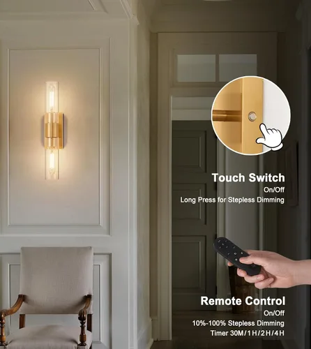 Vista 3 de SANTOSTOCK Juego de 2 apliques de pared dorados operados por batería con control remoto, 12000mAh luces de pared recargables, lámparas de pared
