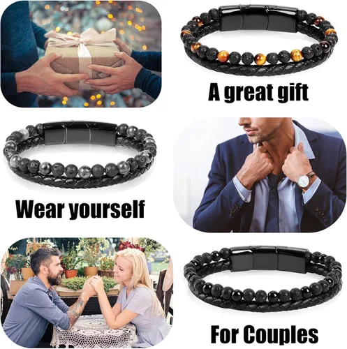 Vista 5 de Desiroman Pulseras de cuentas y cuero para hombre, con ojo de tigre, piedra de lava, para hombres y mujeres, con cierre magnético de acero