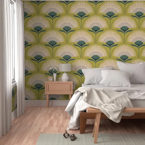 Vista 5 de Muestras de papel tapiz para despegar y pegar, diseño Art Deco de flores verdes, geométrico, divertido, jumbo, papel tapiz extraíble personalizado