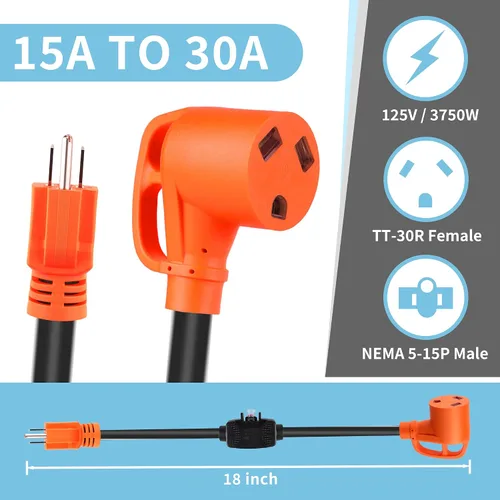 Vista 2 de Protector contra sobrecargas 30 Amp a 110 V RV Adaptador de cable con interruptor de circuito, 30 Amp a 15 Amp 18 pulgadas NEMA 5-15P a NEMA TT-30R