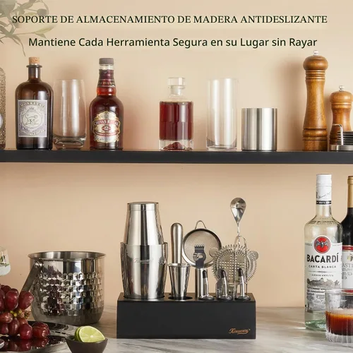 Vista 6 de KITESSENSU Boston Shaker Set Mixology Bartender Kit Kit de coctelera premium con soporte Accesorios profesionales para herramientas de bar