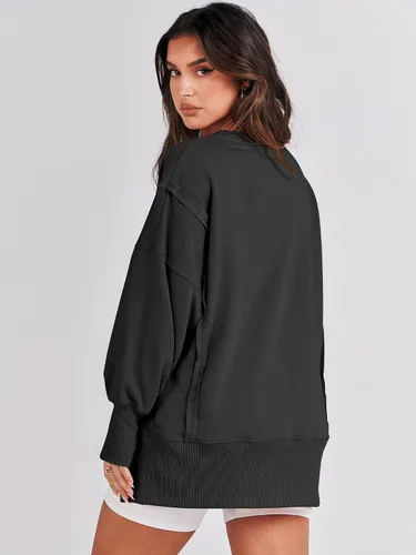 Vista 5 de ANRABESS Sudadera de gran tamaño para mujer, cuello redondo, manga larga, casual, con abertura, sin botones, ropa de otoño