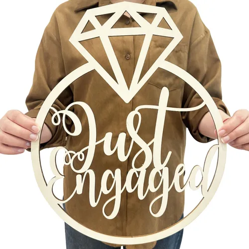 Vista 7 de Decoraciones de fiesta de compromiso, letrero de madera con texto en inglés «Just Engaged» para decoración de compromiso, anillo de diamantes