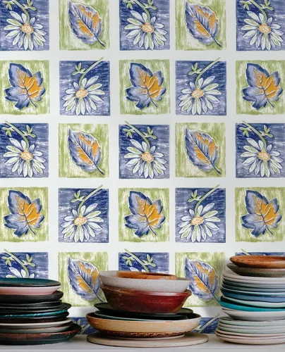 Vista 2 de 8083 - Papel tapiz de hojas florales para despegar y pegar, 17.7 pulgadas x 9.8 pies, mosaico, enrejado, margarita, flores, papel de contacto