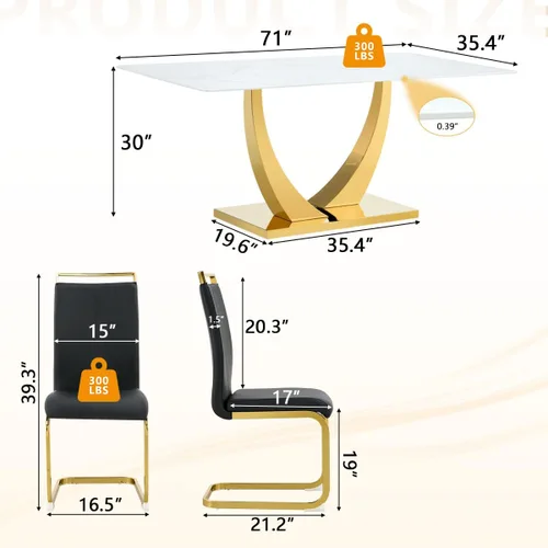 Vista 2 de Juego de mesa de comedor blanca para 6, 71 pulgadas, juego de mesa de comedor de mármol sintético para 6 Modern Dining Table Set for 6, Black PU