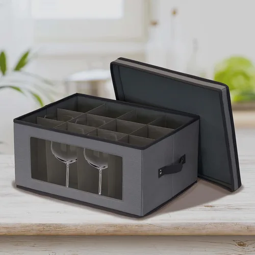 Vista 2 de Household Essentials Caja de almacenamiento para copas de vino tipo globo, estructura resistente y asas, panel con ventana, tapa completamente