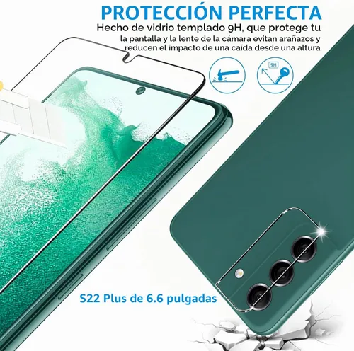 Vista 3 de [Paquete de 3+3] Protector de pantalla de vidrio para Samsung Galaxy S22 Plus 5G, vidrio templado 9H, compatible con huellas dactilares