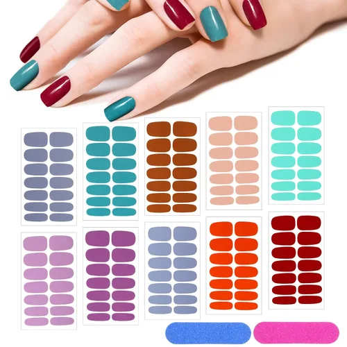Vista 8 de 140 piezas, 10 hojas de calcomanías de uñas de envoltura completa, tiras de esmalte con degradado, calcomanías autoadhesivas con purpurina, tiras