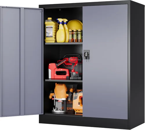 Vista 17 de SISESOL Gabinete de almacenamiento de metal ancho y profundo con ruedas, gabinete de almacenamiento de garaje alto rodante con cerradura, gabinetes