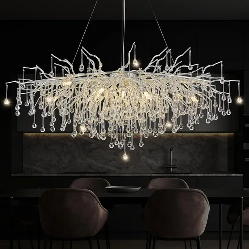 Vista 15 de Candelabro de cristal negro de 23.6 pulgadas, moderno colgante de techo de flores, iluminación colgante de rama de árbol, gota de lluvia, lámpara
