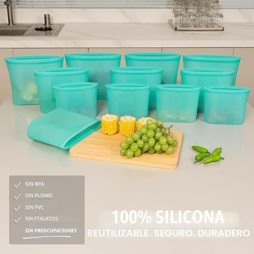 Vista 2 de Bolsas de Alimentos Reutilizables, Paquete de 12 Bolsas de Almacenamiento de Alimentos 100% Silicona que se Mantienen de Pie con Cierre Hermético