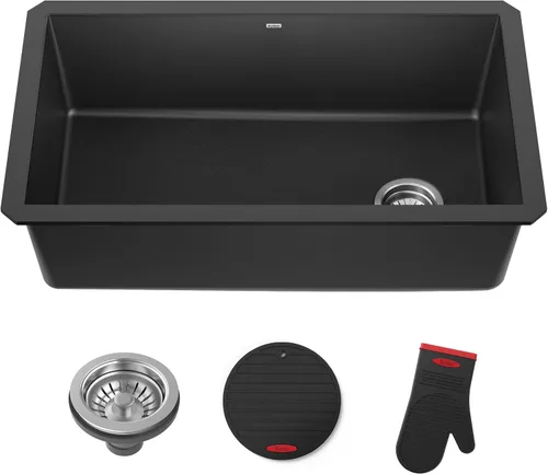 Vista 22 de Kraus Forteza - Fregadero de cocina de doble seno 50/50 de granito de instalación empotrada/sobre encimera, 33 pulgadas, color negro (KGD-52BLACK)