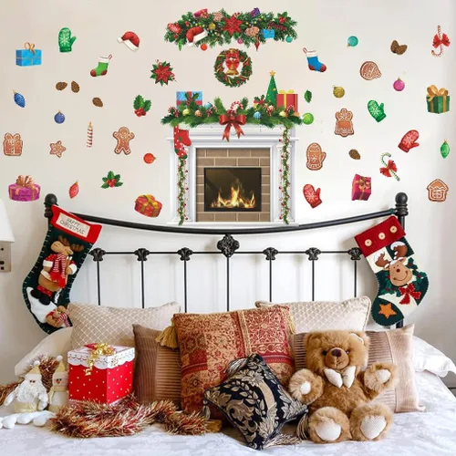 Vista 4 de IARTTOP Calcomanía de tablón de anuncios de chimenea de Navidad, calcomanía de pared para chimenea, decoración de fondo de chimeneas de Navidad