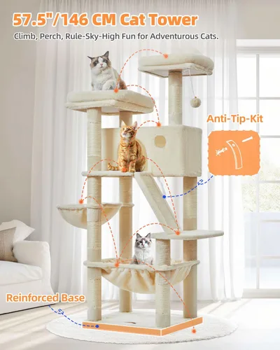Vista 3 de Taoqimiao Árbol para gatos de 57.5 pulgadas, torre para gatos de interior para adultos, condominio extragrande para gatos, 8 postes rascadores