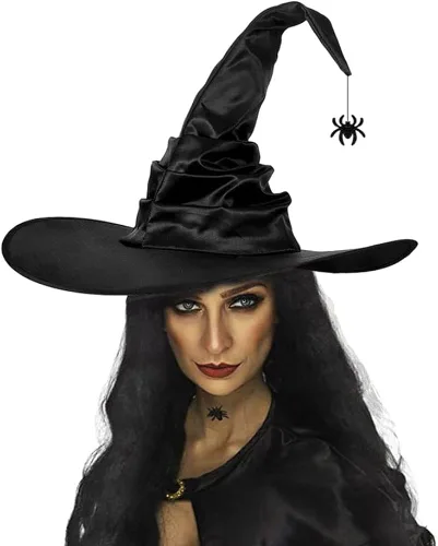 Vista 5 de Roontin Sombrero de bruja de Halloween con colgante de araña y murciélago, elegante accesorio de disfraz para mujer