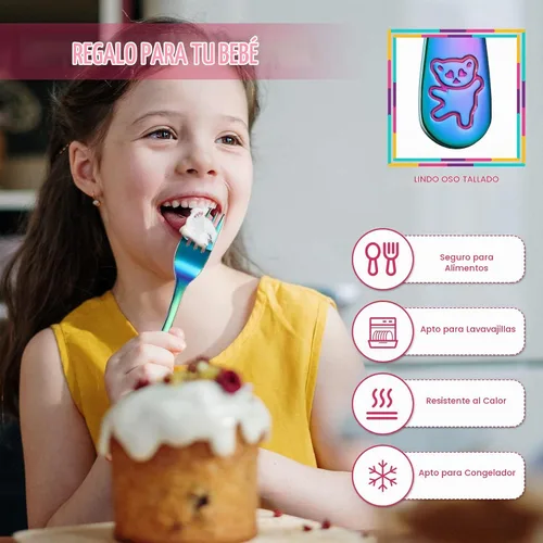 Vista 4 de Minatee Juego de cubiertos de 6 tenedores de arco iris para niños pequeños, cubiertos pequeños de grado alimenticio, cubiertos de acero inoxidable