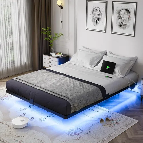 Vista 10 de OLEVS - Marco de cama flotante de metal tamaño matrimonial con luz LED y estación de carga Full Metal Platform Bed Frame with Smart LED, Charging