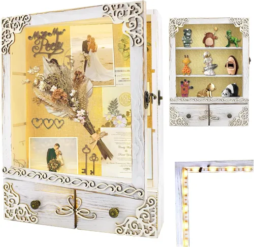 Vista 11 de Marco de caja de sombra de 11 x 16 con luz, vitrina conmemorativa con estantes, cajón y ranura para recuerdos, caja grande de sombra profunda