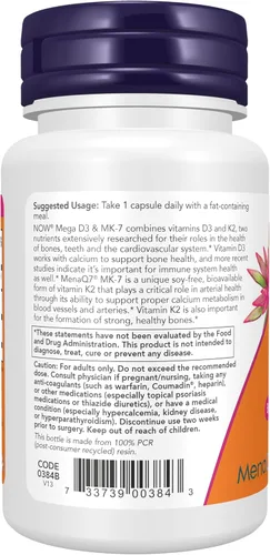 Vista 3 de Suplementos NOW Foods, Mega D-3 y MK-7 con vitaminas D-3 y K-2, 5.000 UI/180 mcg, soporte óseo y cardiovascular*, 60 cápsulas vegetales