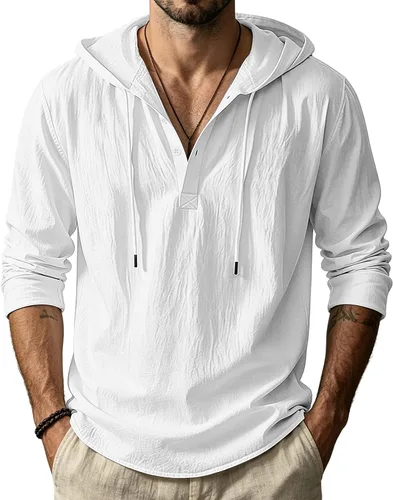 Vista 12 de Sudaderas con capucha de lino y algodón para hombre, estilo casual, manga larga, con botones, ligeras, informales, hawaianas, para la playa