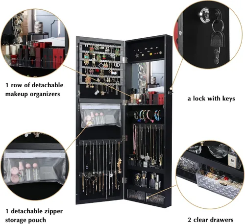 Vista 5 de Lavievert Jewelry Armoire - Armario de joyería con cerradura de 47.2 pulgadas de alto, organizador de exhibición de joyas montado en la paredpuerta