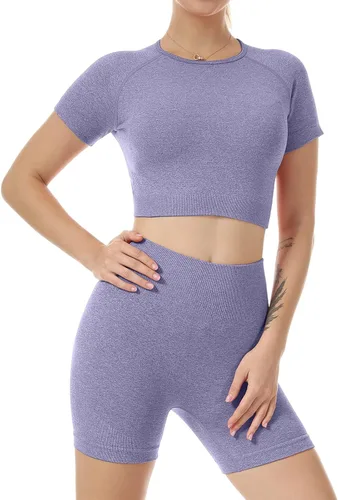 Vista 2 de Conjuntos de yoga para mujer, conjunto de 2 piezas, sin costuras, manga corta, camiseta corta, leggings de entrenamiento, ropa deportiva