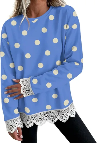 Vista 5 de Fall Sweatshirts for Women Crewneck Scalloped Lace Trim Cute Pullover Tops Lightweight Long Sleeve Polka Dot Sweatshirt,Oversized Leopard Print A