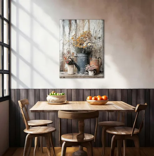 Vista 4 de Lienzo rústico con margaritas y margaritas, arte de pared, pintura campestre neutra, decoración de pared, flores, naturaleza muerta, botánica