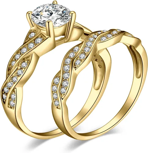 Vista 10 de JewelryPalace - Anillos de boda y compromiso para mujer, chapados en oro de 14 quilates, plata de ley 925 con circonita cúbica, anillos de promesa