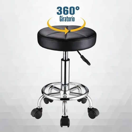 Vista 6 de HMTOT Taburete redondo con ruedas Silla giratoria ajustable de altura para spa salón masaje negro