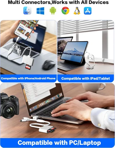Vista 5 de Lector adaptador XD/TF/SD a iPhone con USB-C, USB-A, Lightning, lector de tarjetas SD MicroSD xD-Picture 3 en 1, adaptador OTG, adaptador de tarjeta