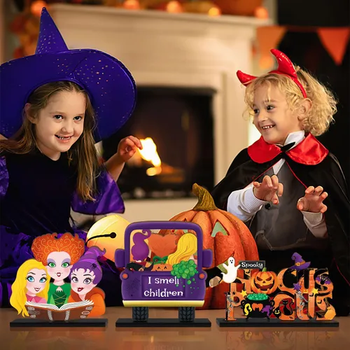Vista 5 de 3 piezas de decoración de mesa de Halloween de Hocus Pocus, hermanas de bruja de Halloween, centro de mesa de madera para mesa de camión I Smell