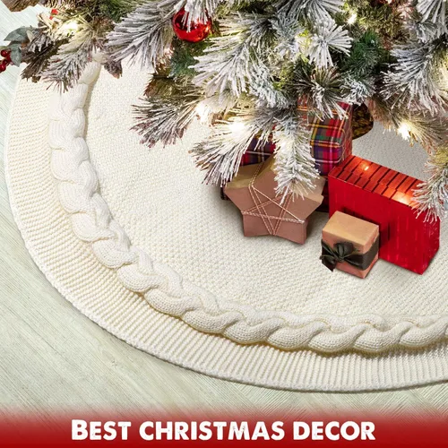 Vista 3 de Hommtina Falda de Árbol de Navidad de 48 Pulgadas Blanca, Decoraciones de Árbol de Navidad Falda de Árbol de Piel Sintética para Navidad Fiestas