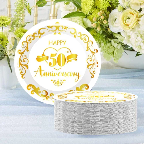 Vista 5 de 80 platos de papel para aniversario del 50 aniversario, suministros de fiesta de boda dorados, platos de postre de 7 pulgadas, para decoración
