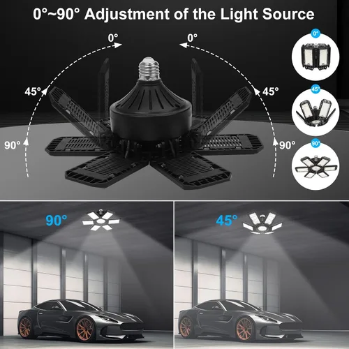 Vista 4 de Paquete de 2 Luces de Garaje, 200W 20000LM 6500K Luces LED de Taller, Luces LED de Techo de Garaje con 6+1 Paneles Ajustables para Sótano, Granero