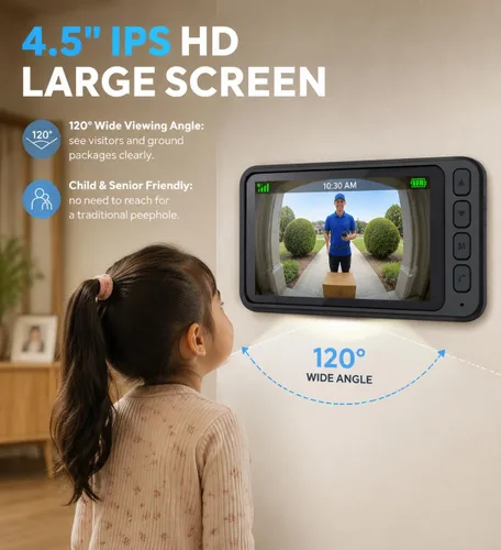 Vista 4 de TKMARS Timbre de puerta inalámbrico sin suscripción, timbre de video, intercomunicador en tiempo real, pantalla de 4.5 pulgadas, ángulo de visión