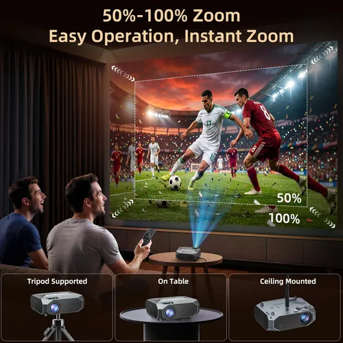 Vista 4 de FUDONI Proyector con WiFi y Bluetooth, soporte 4K para exteriores, proyector HD 1080P Max 300 pulgadas, proyector portátil de cine en casa Negro