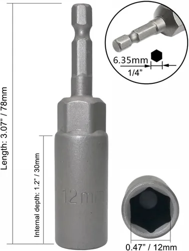 Vista 3 de Llave de vaso de 1/4 de pulgada con vástago hexagonal profunda, adaptador de llave eléctrica, herramienta de taladro de tuerca, 2 piezas (0.472 in)