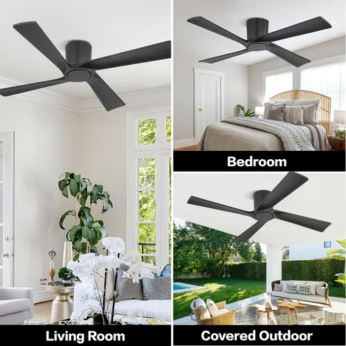 Vista 8 de WINGBO Ventilador de techo CC de montaje empotrado de 48 pulgadas sin luces, 4 aspas de madera tallada, motor CC reversible de 6 velocidades