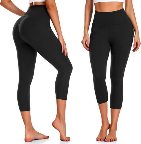 Vista 5 de NEW YOUNG Paquete de 3 leggings capri para mujer con bolsillos, cintura alta, control de abdomen, pantalones de entrenamiento para gimnasio, yoga