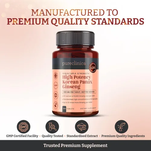 Vista 5 de Pureclinica Panax Ginseng coreano de alta potencia 10,000 mg x 180 tabletas - 6 meses de suministro