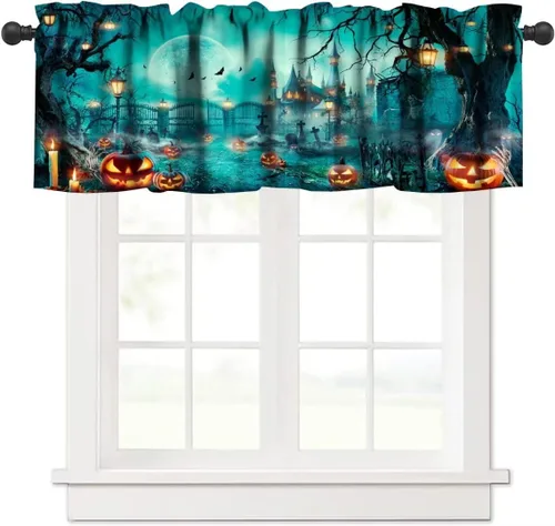 Vista 19 de Cortina de cenefa para fiesta de Halloween, diseño de dibujos animados, lindo fantasma, castillo sombrío, calabaza, murciélago, bolsillo para barra