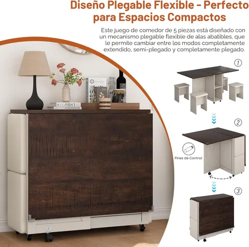 Vista 6 de Juego de mesa de comedor de granja de 5 piezas para 4, mesa plegable grande de 117 cm con 4 sillas de cuero, mesa de cocina plegable con ala